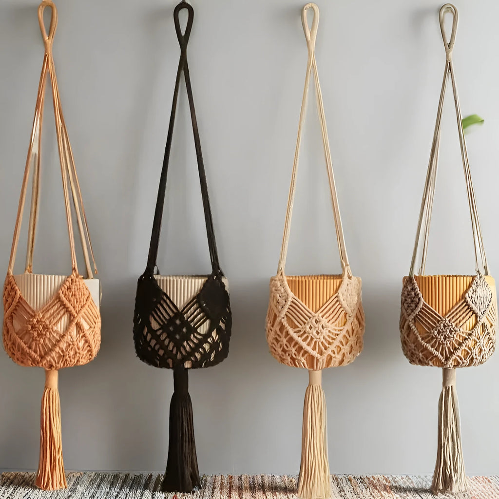 Hand-woven polyester cotton flower pot cover in brown colour with textured surface