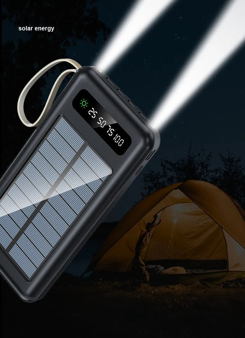 Solar power bank in black or white with polymer lithium ion battery showing capacity options of 20000mA or 30000mA
