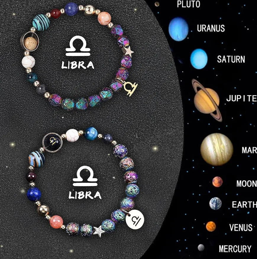 Natural stone beaded bracelet showing an adjustable strap with a zodiac charm, available in twelve astrological sign styles.