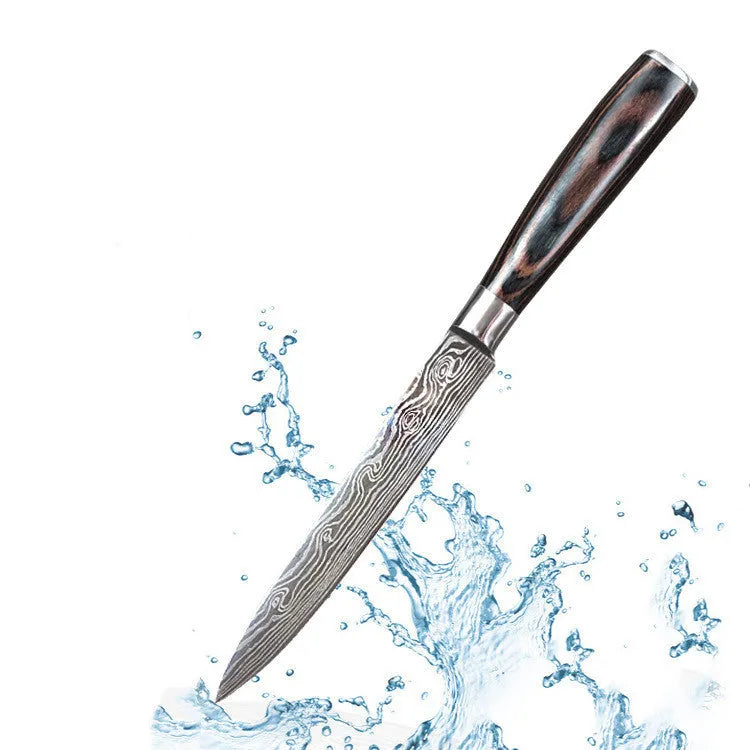 7Cr17 stainless steel kitchen knife with laser Damascus pattern blade and coloured wood handle