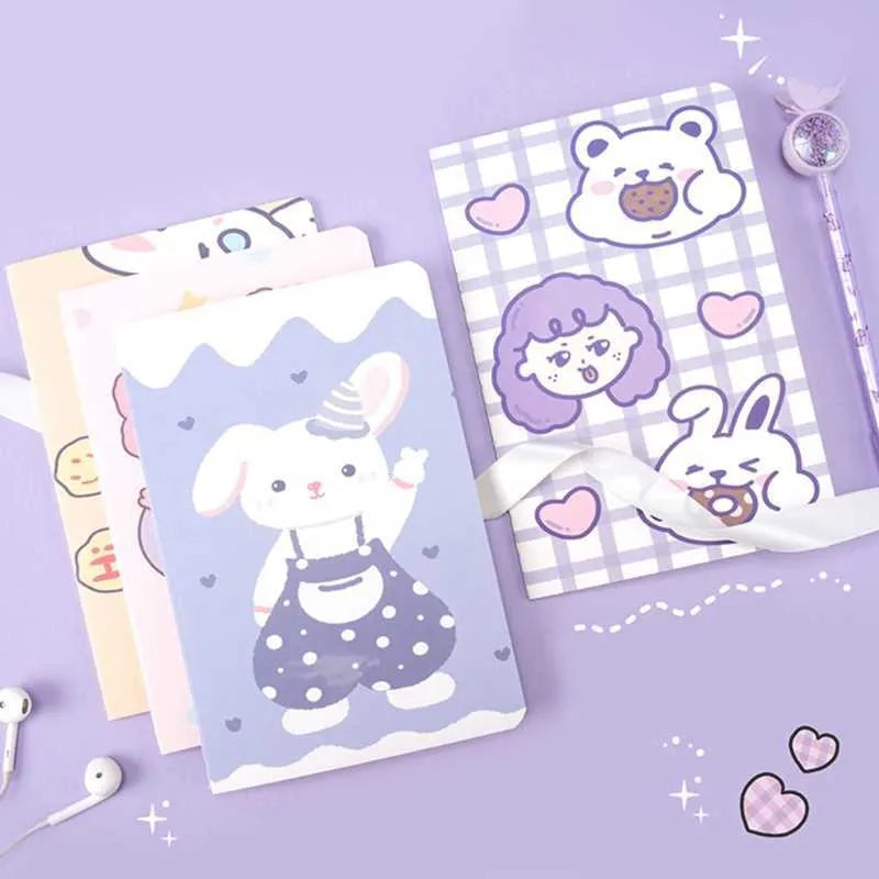 Cartoon A5 notebook with 30 sheets, showing cover design options like Cute Bear and Strawberry Rabbit.