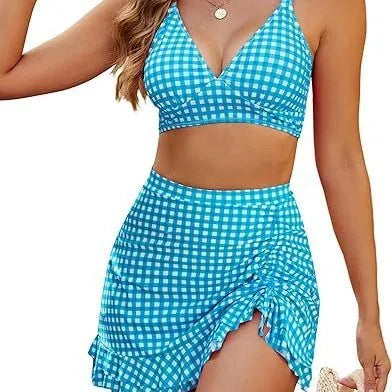 Split bikini cover belly slimming swimsuit set in black and white plaid for women