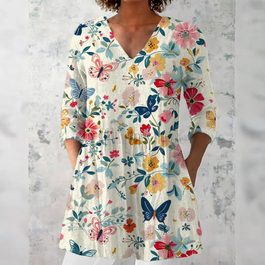 Women's retro slim fit printed long-sleeved top in a colour style variant.