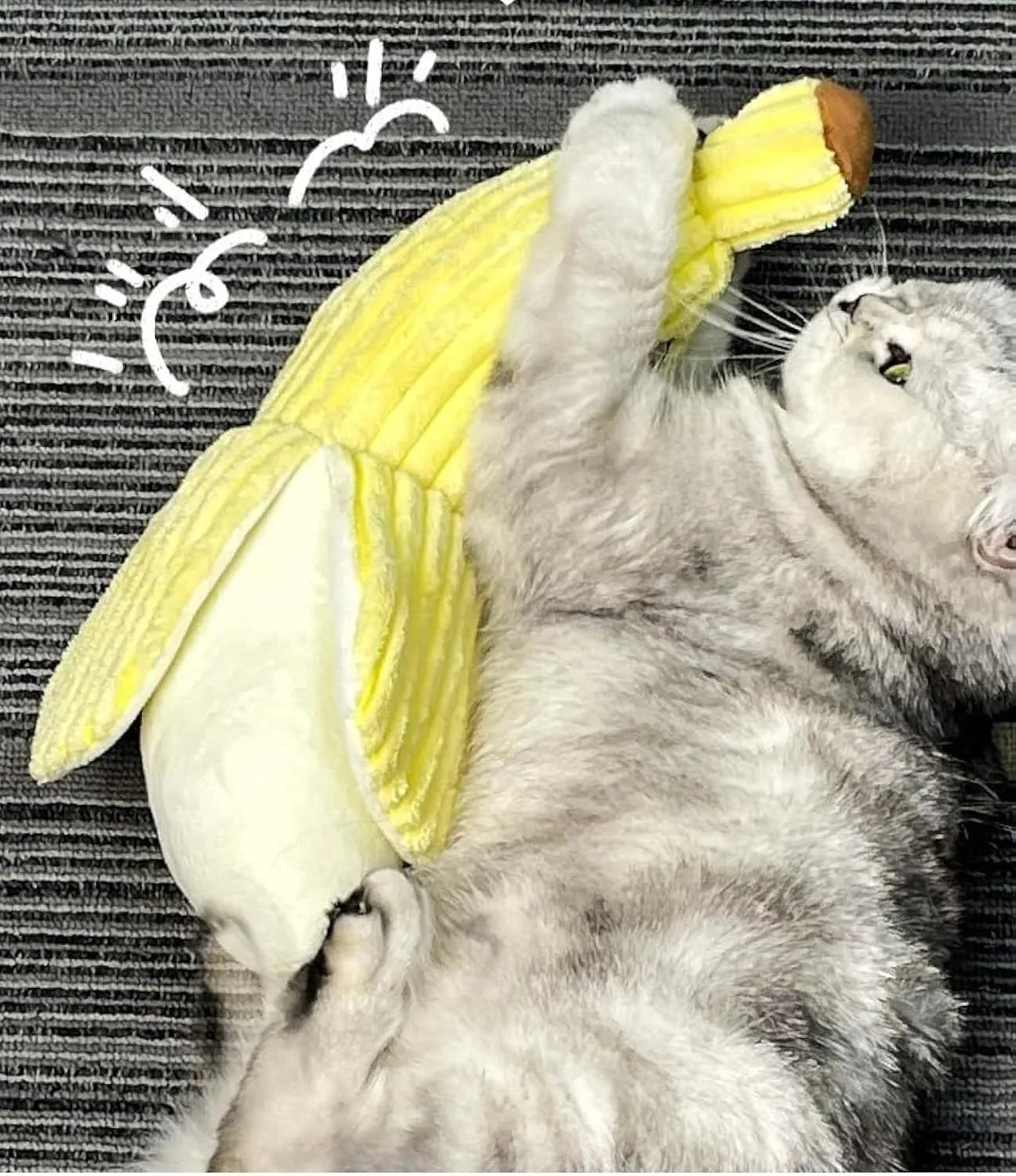 Yellow banana-shaped cat crinkle toy measuring 13 inches long with plush fabric