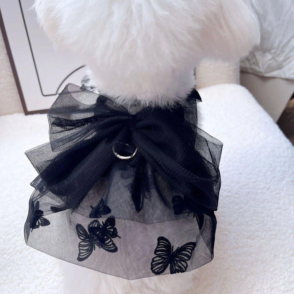 Black polyester princess tulle skirt for a small dog or cat, shown on a mannequin.