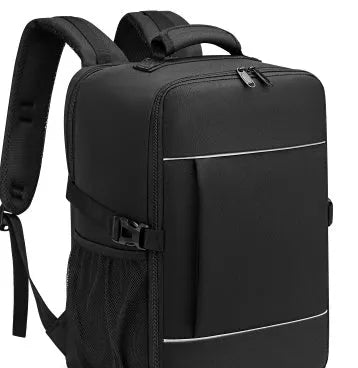 Black boarding bag travel computer backpack with sewing line detail and airpillow straps