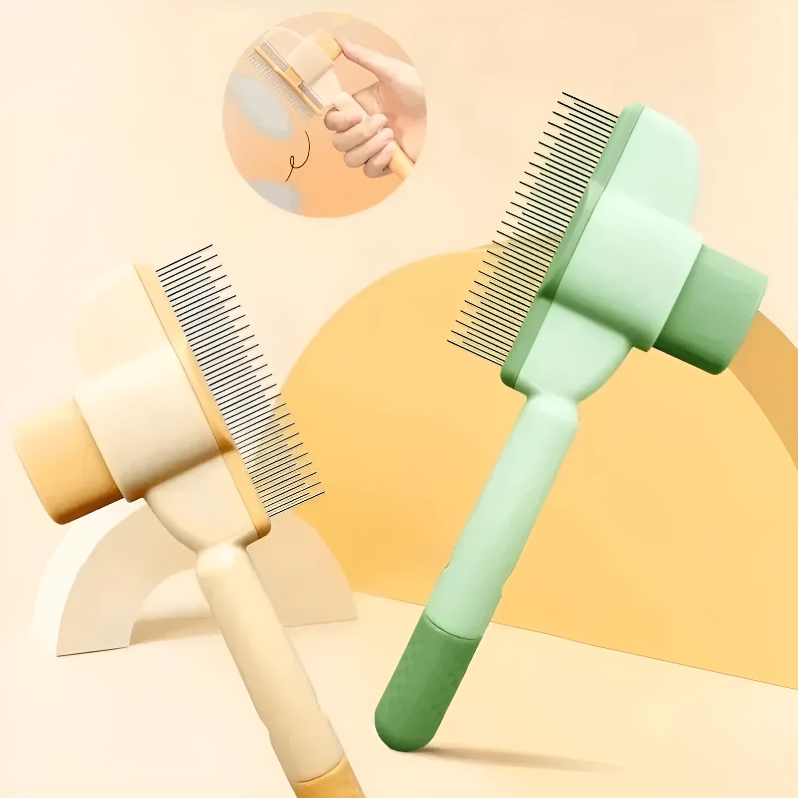 Green and yellow handheld dog grooming brush with one-click hair removal function.