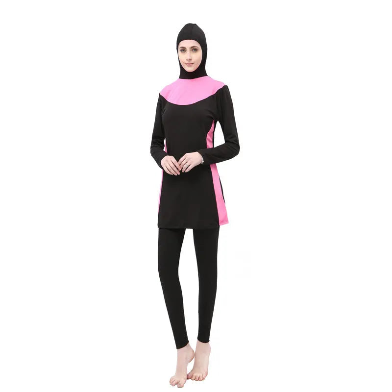 Conservative women's hooded swimsuit with long sleeves in black with colour trim