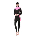 Conservative women's hooded swimsuit with long sleeves in black with colour trim