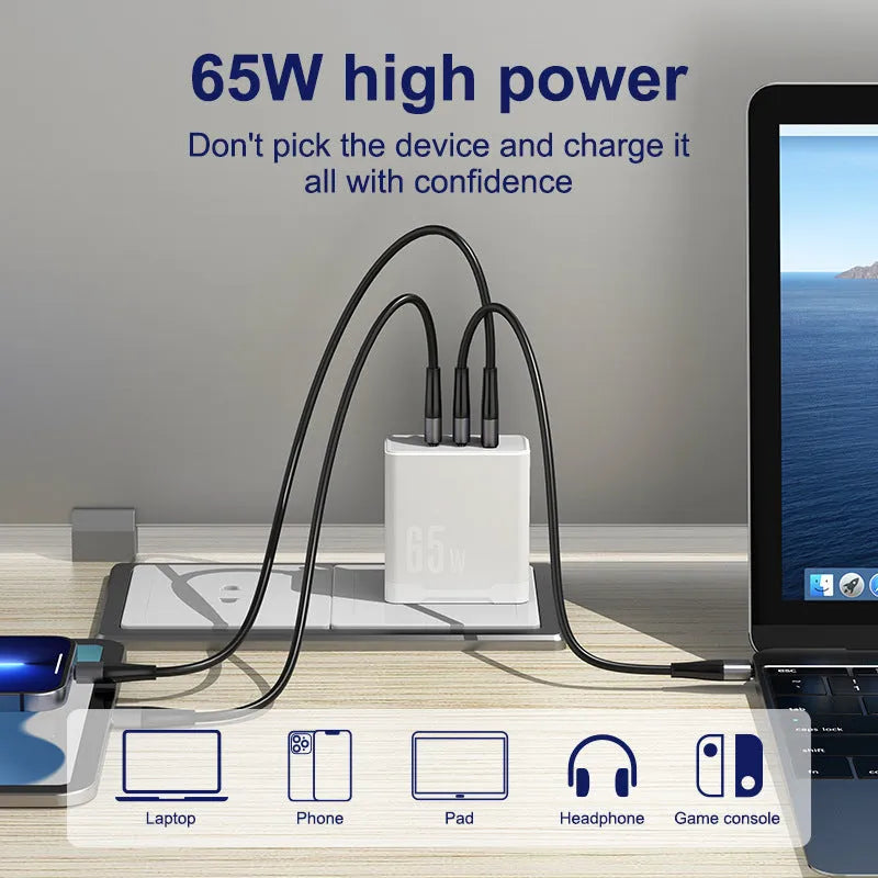 65W GaN multi-port fast charger with two USB-C and one USB-A output, black colour, British standard plug