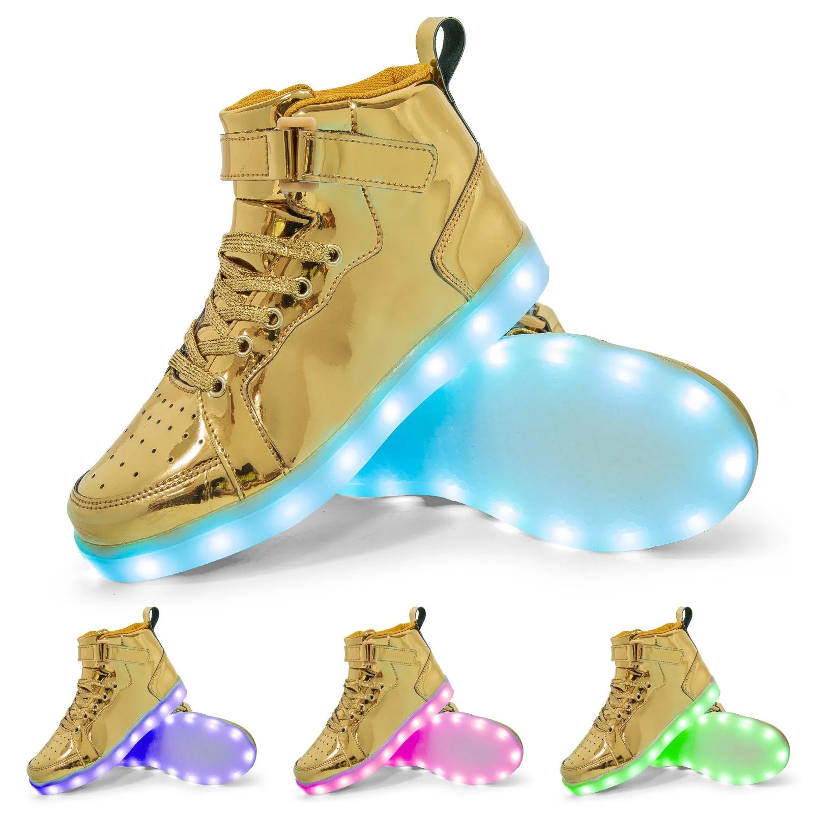 Black high-top LED sneakers with Velcro strap and lit-up soles on a dark background.