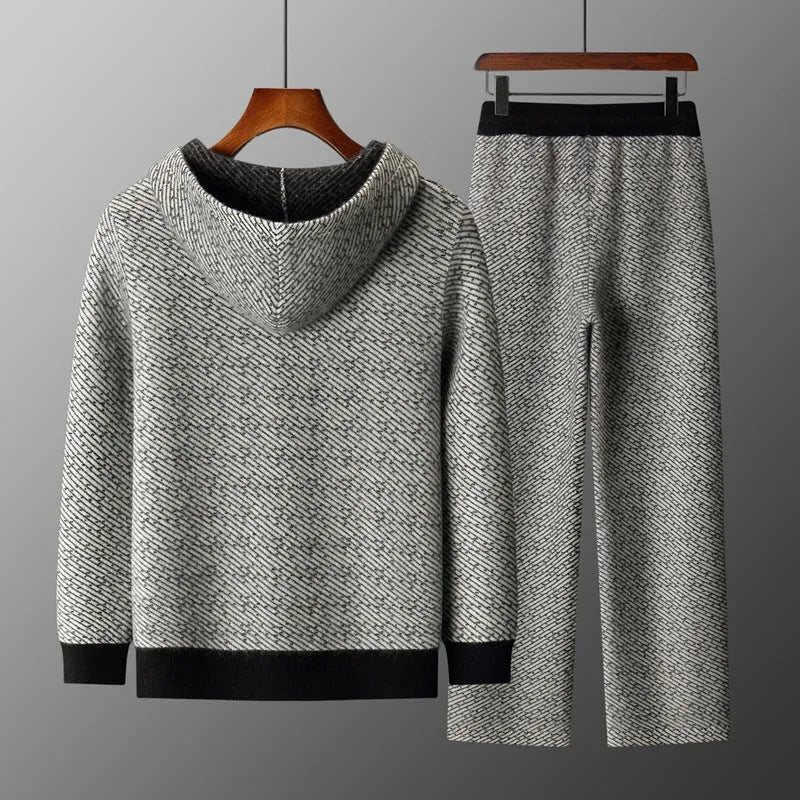Men's hooded wool cardigan set with long sleeves and matching pants in black, blue, and camel