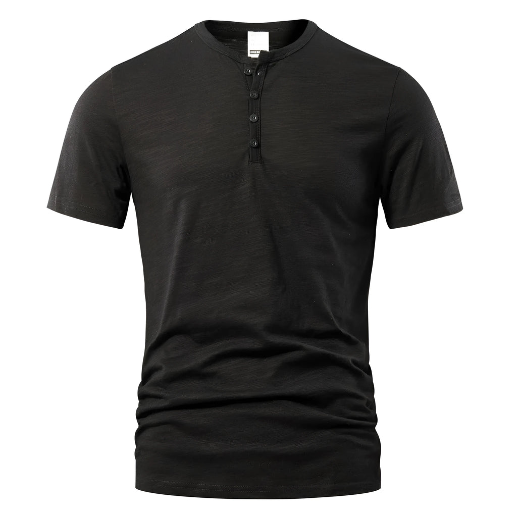 Men's solid colour slub cotton short sleeve T-shirt on a hanger.
