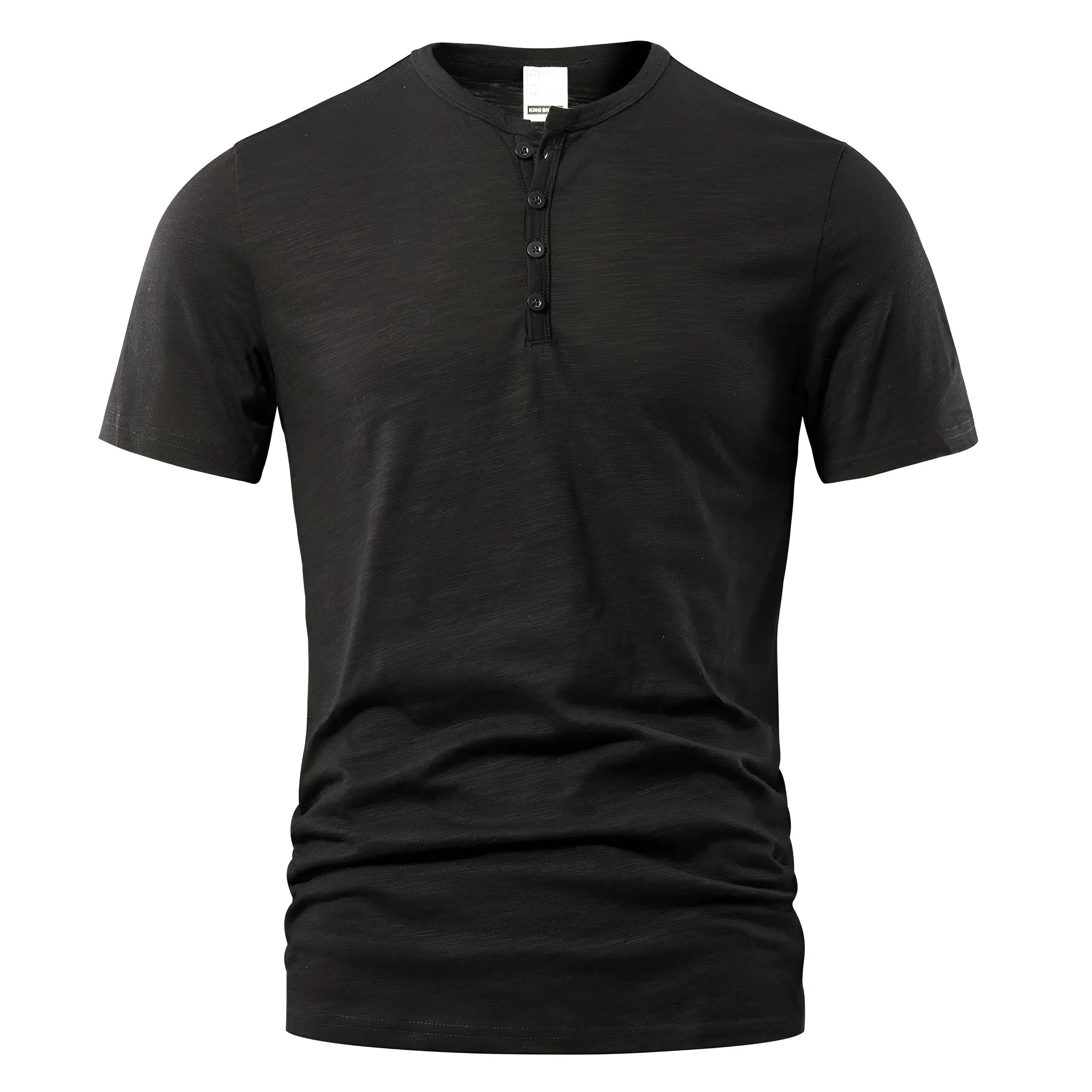 Men's solid colour slub cotton short sleeve T-shirt on a hanger.