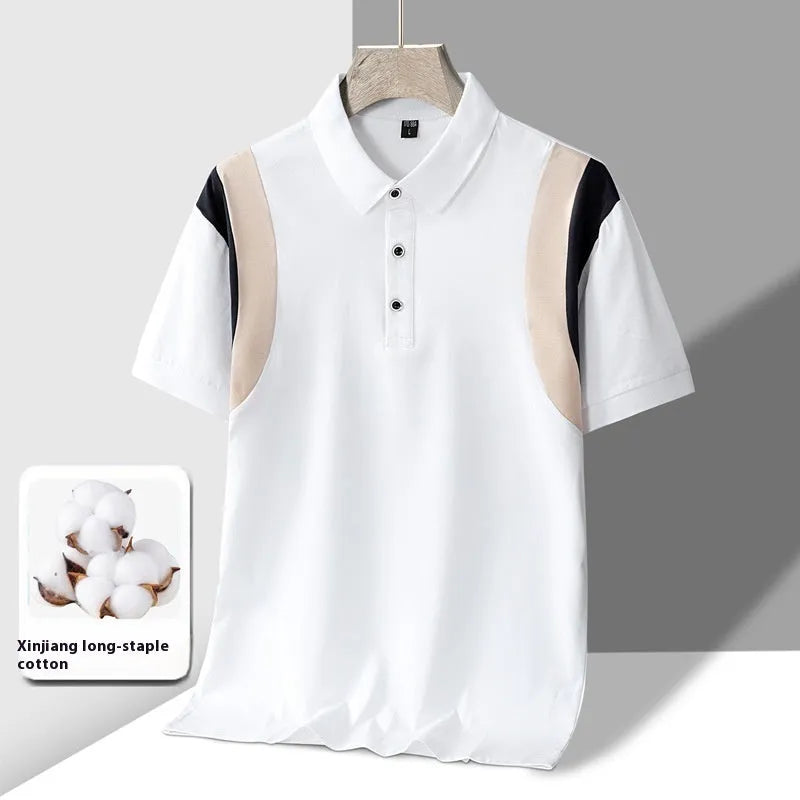 Men's striped cotton lapel-collar T-shirt in loose Korean fit for summer.