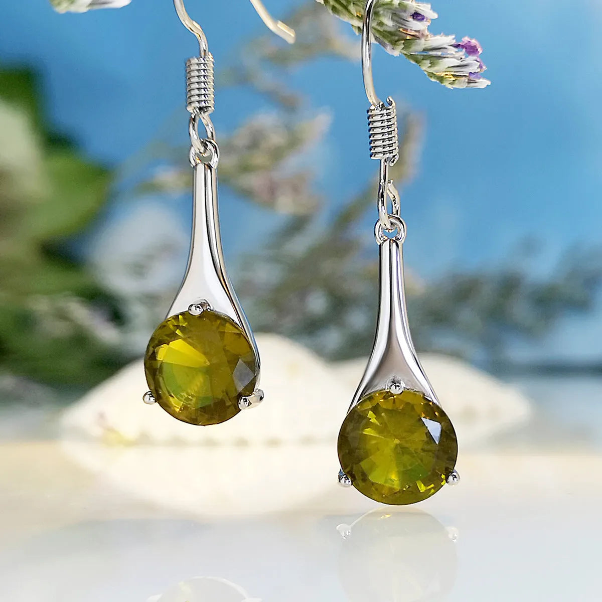 Olive green drop shape alloy earrings with electroplated finish and retro minimalist styling