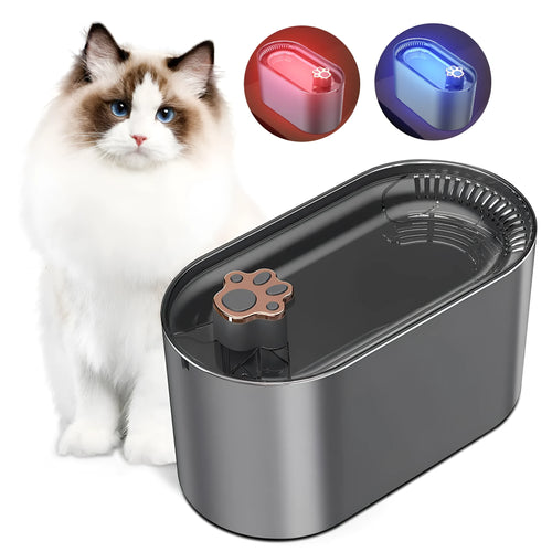 Berlin blue automatic pet water fountain with triple filter and LED light on a wooden floor.