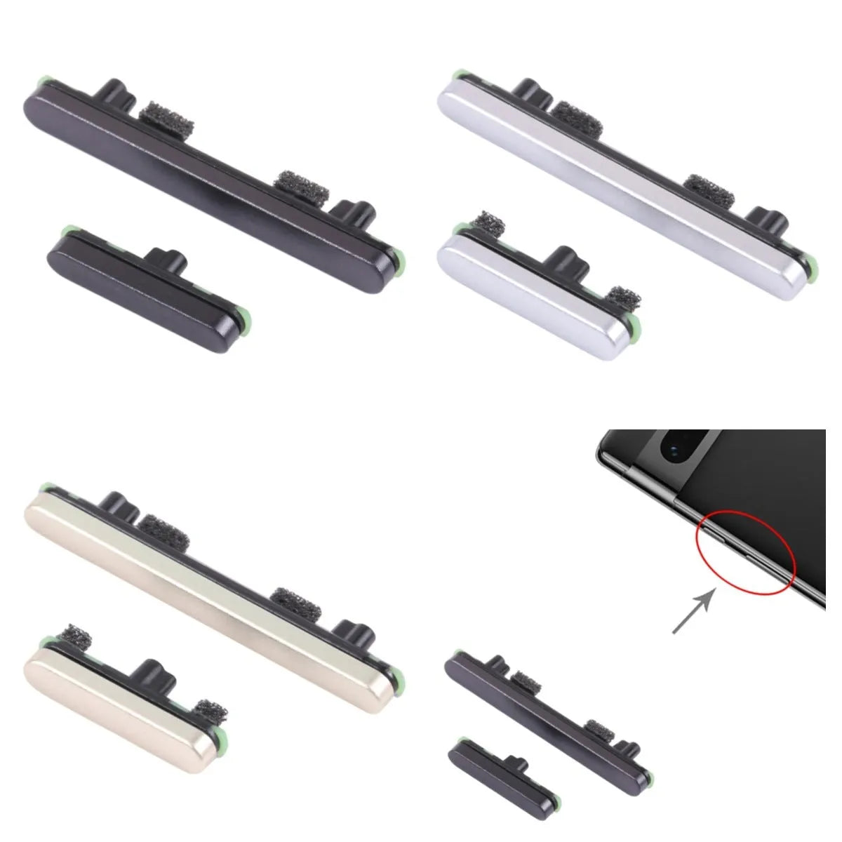 Set of Google Pixel replacement side keys in black, silver, and gold for volume and power buttons.