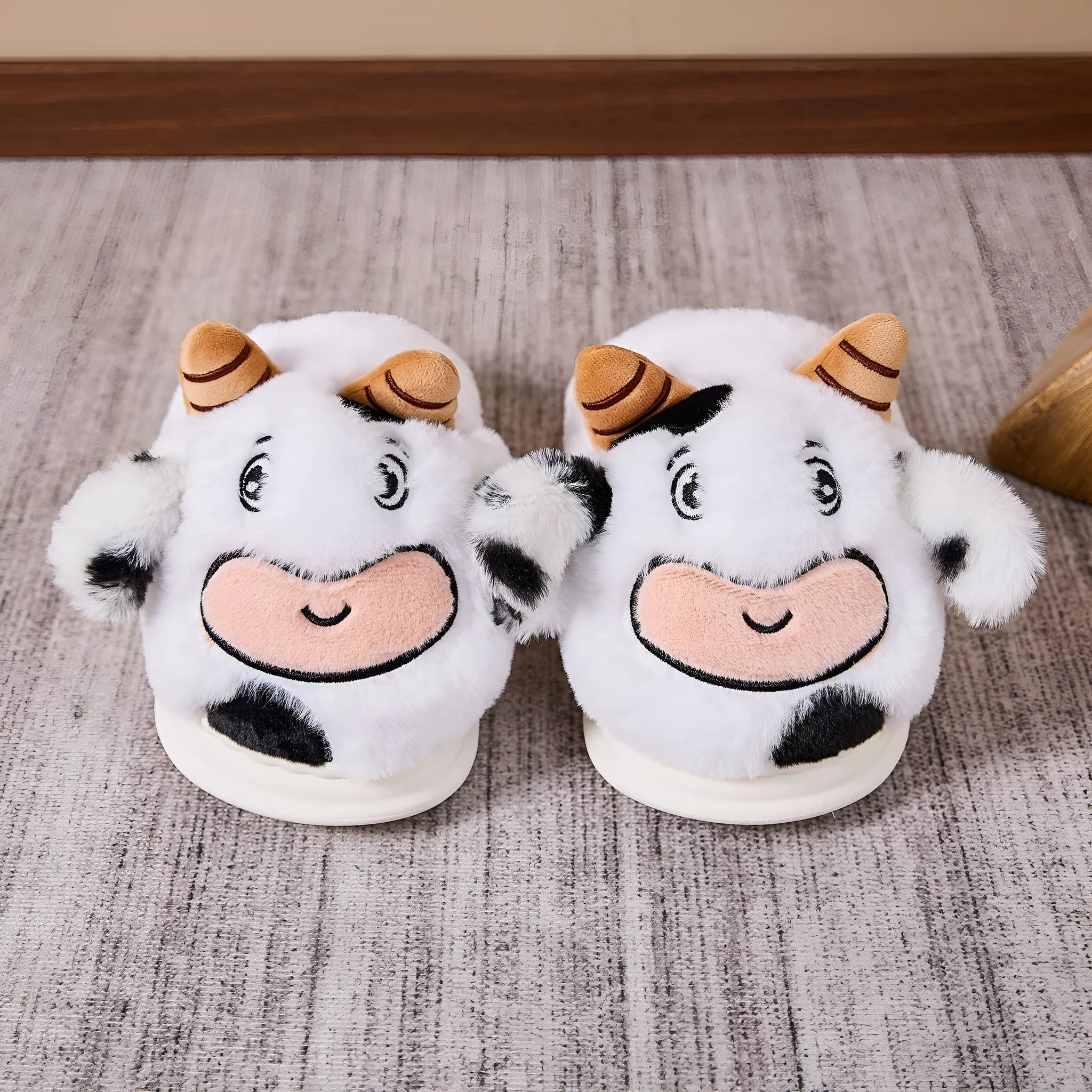 White indoor platform warm cartoon cow fluffy slippers with plush upper and flat PVC sole