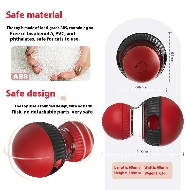 Rotating plastic cat toy in Super Ball colour with food-dropping and sound features.