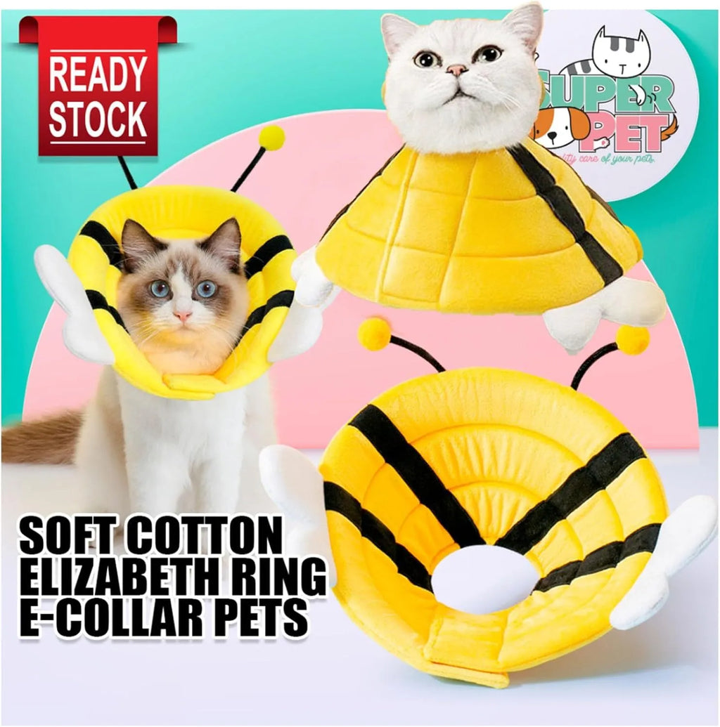 Soft cat cone collar with cute bee design showing Velcro closure and adjustable sizing