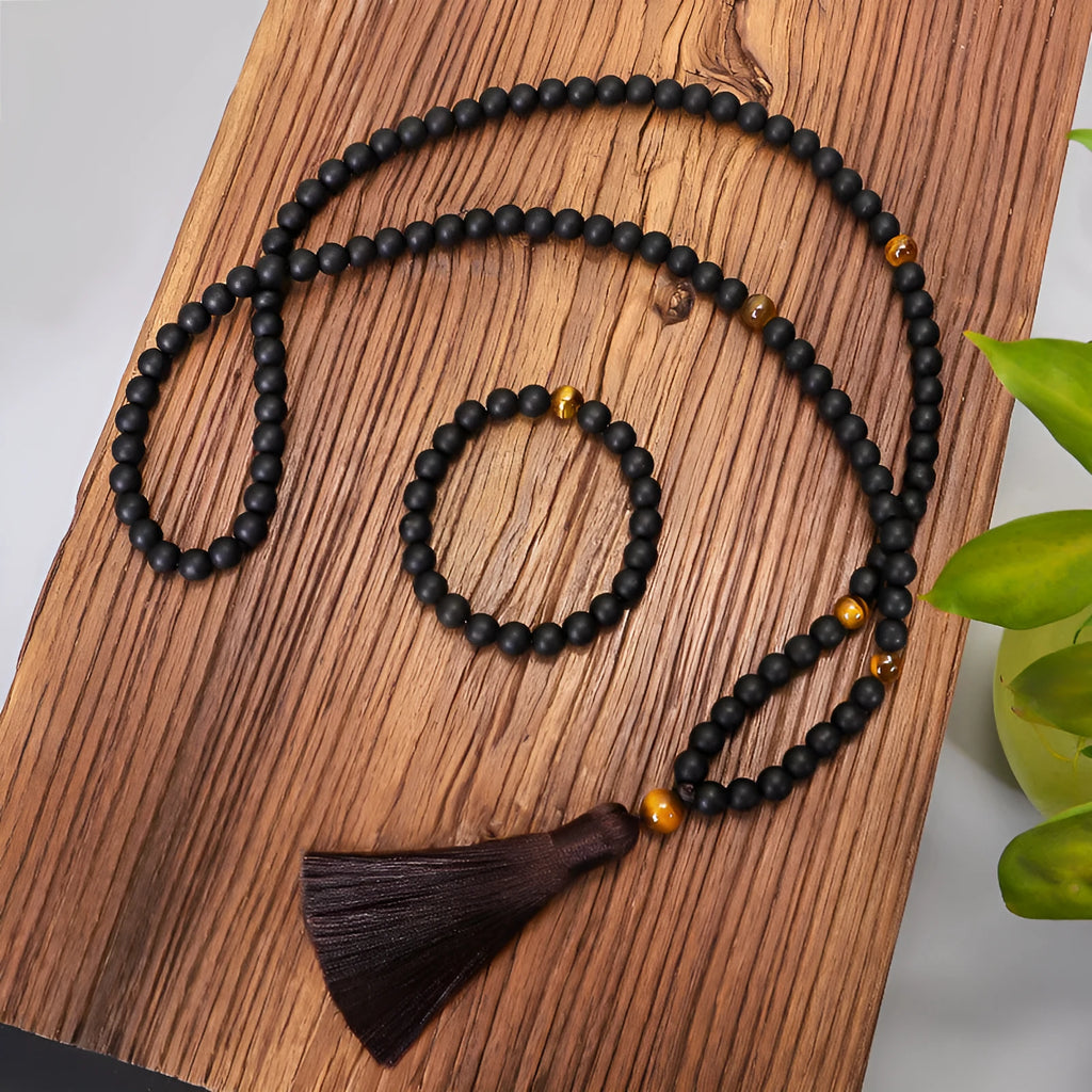 Tiger's eye stone beaded bracelet and necklace set with 108 beads and drop-shaped pendant