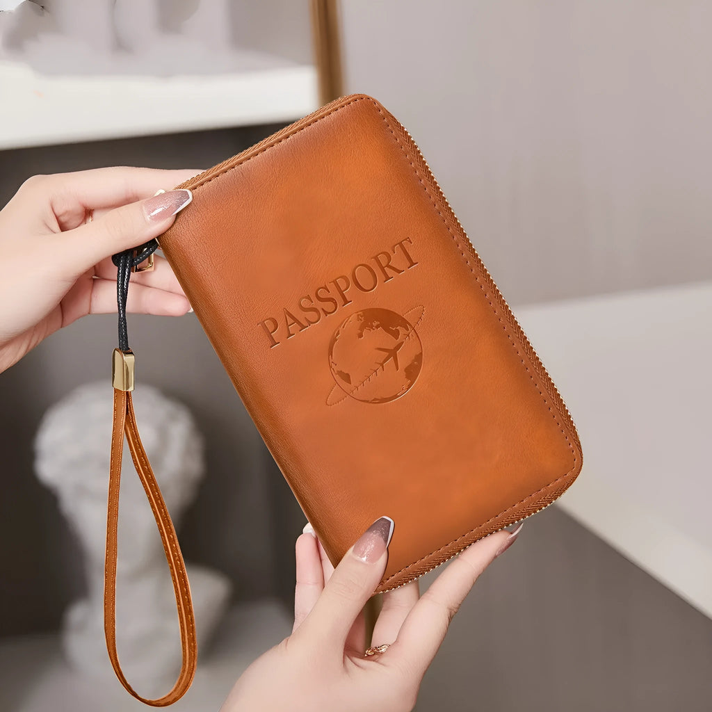 Brown waterproof PU travel document organiser wallet with card slots, showing letter design and compact size.