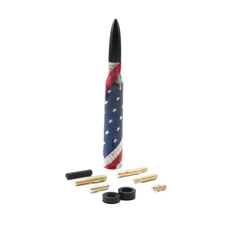 Bullet-style car antenna in camouflage green, black, or American flag design, showing 14cm length.