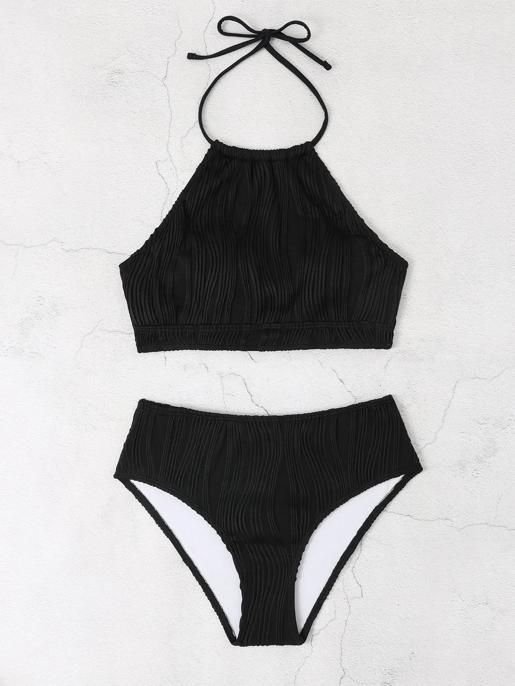 Women's high waist conservative swimsuit bikini set in solid colour