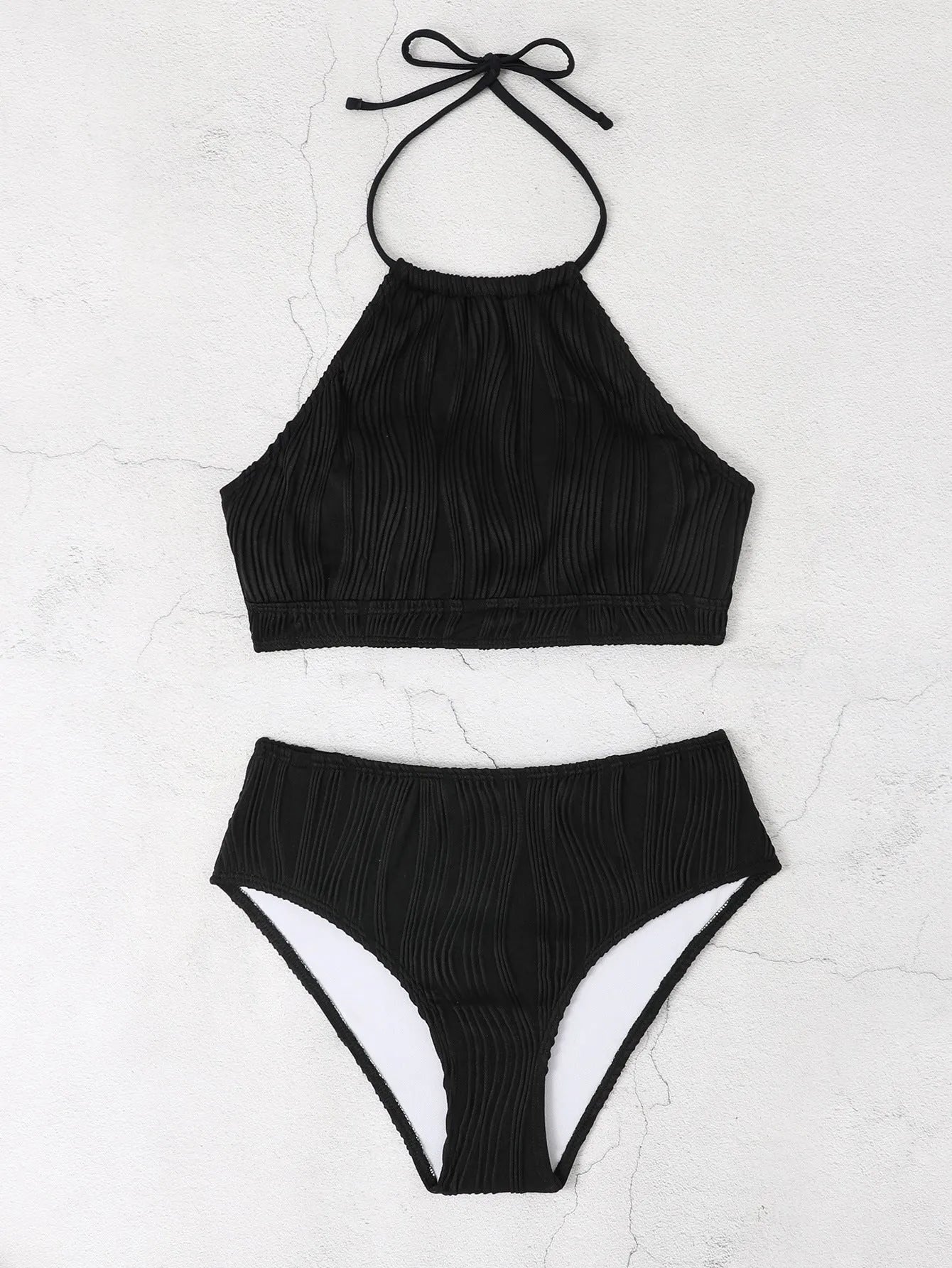 Women's high waist conservative swimsuit bikini set in solid colour