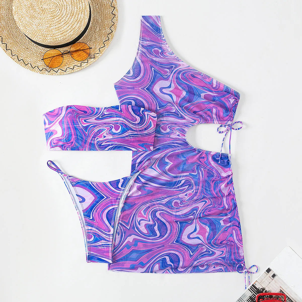 Women's gradient tie-dye lace bikini swimsuit set with cover-up dress in picture color