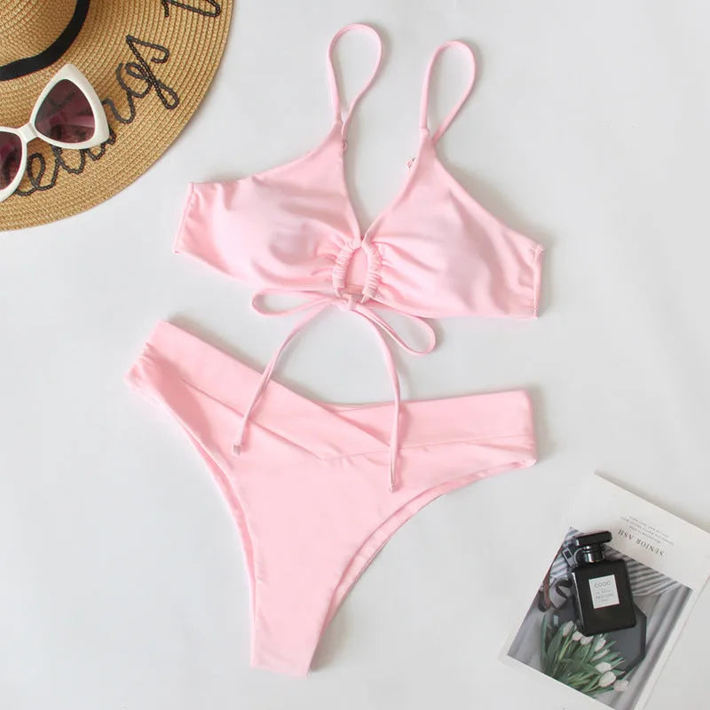 Women's tied bow split front bikini swimsuit in nylon fabric with eight colour options
