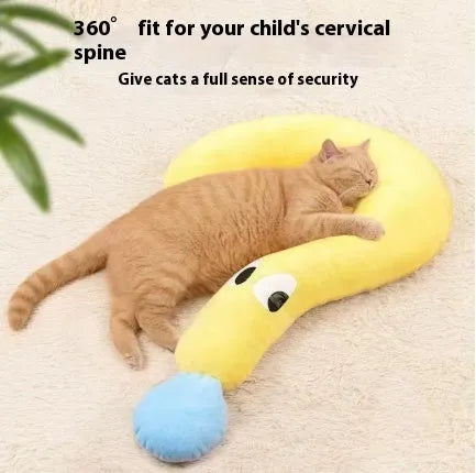 Cat sleeping mat U-shaped pillow in moon and question mark designs on blue, white and yellow cloth