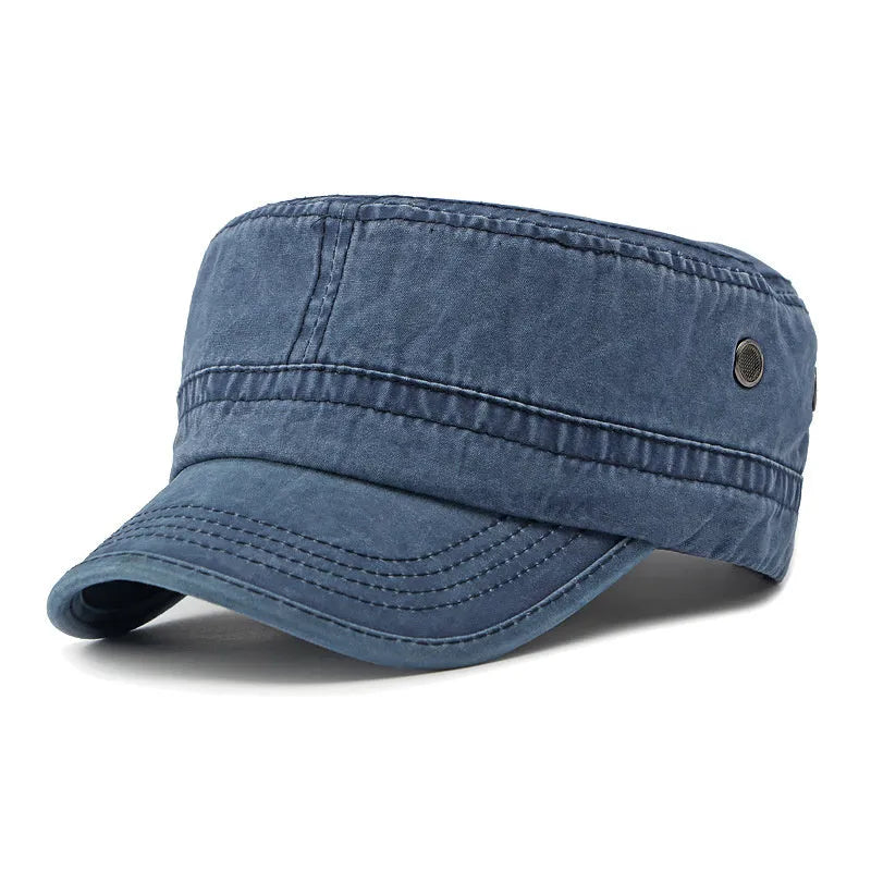 Military flat top cap in cotton fabric with adjustable strap, shown in army green colour
