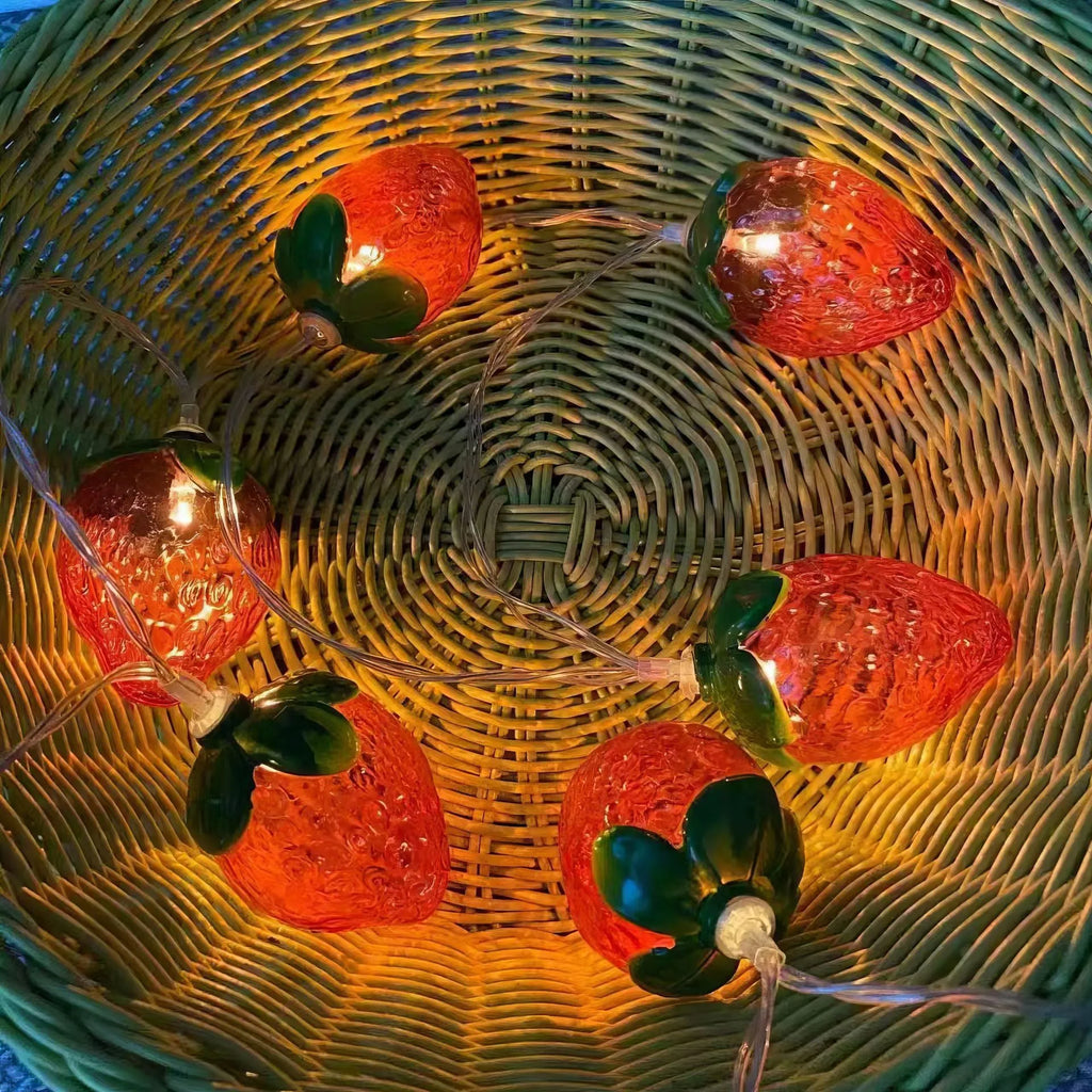 Strawberry LED fairy lights in warm colour on a outdoor string with IP66 protection