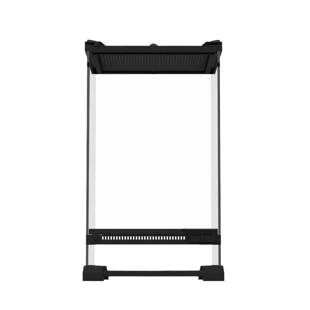 Transparent glass cylinder lizard turtle feeding box on surface with climbing pet visible inside