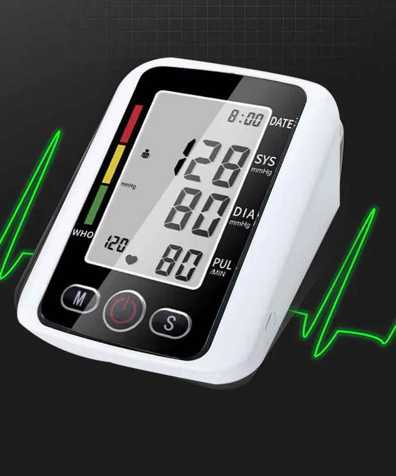Automatic electronic arm blood pressure monitor with large LCD screen and black cuff.