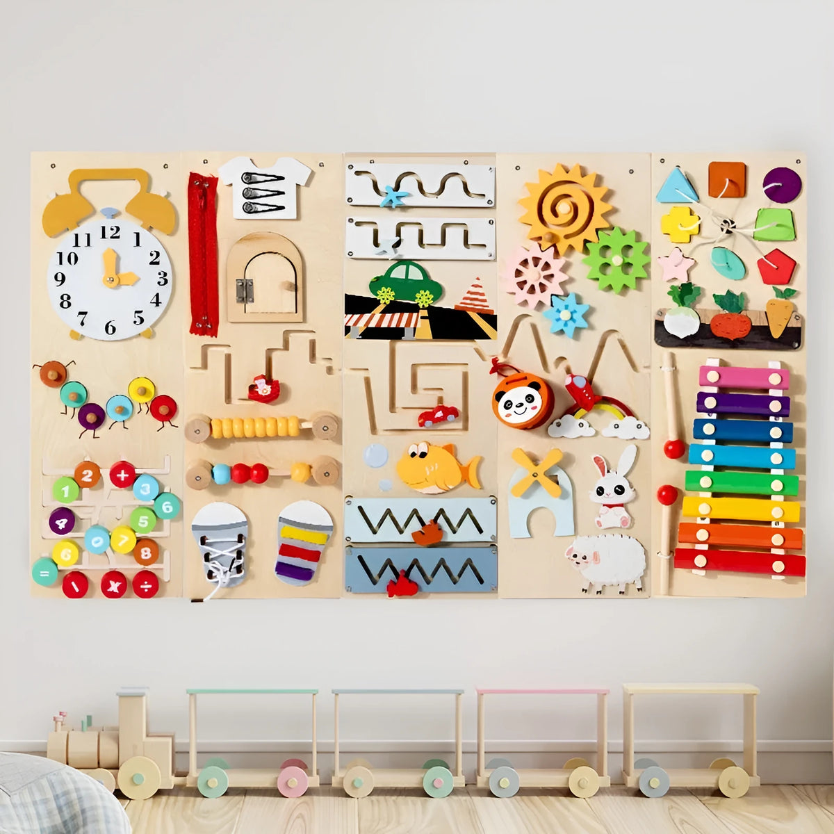 Wooden wall game busy board for cognitive exercise children aged 4-6 46x15.5x18 cm