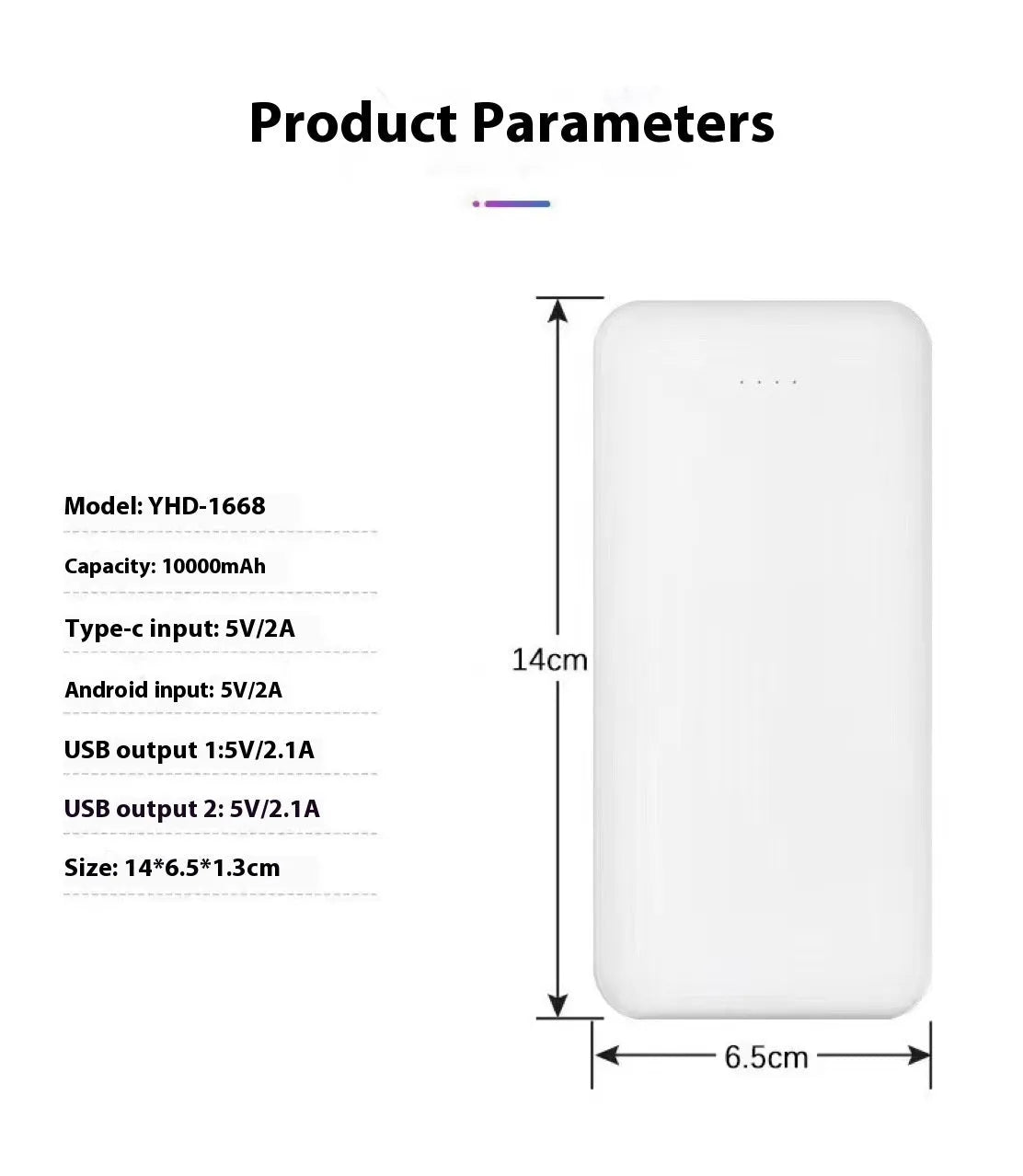 Ultra-thin white mini power bank 10000mAh with Type-C port and compact design