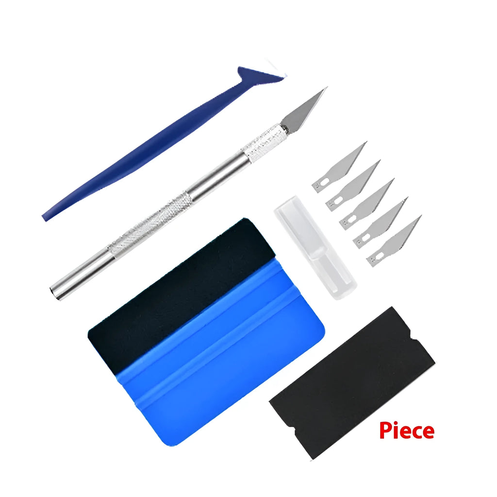 4-piece set of colourful plastic scraper blades for car film installation in a transparent ziplock bag