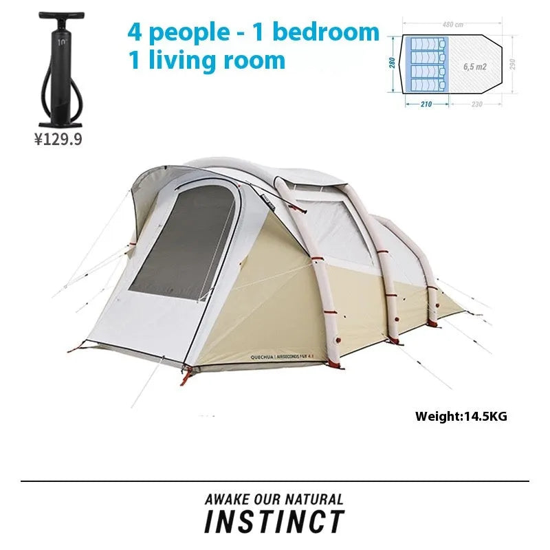 Inflatable 4-person camping tent with rainfly and hand pump for outdoor use