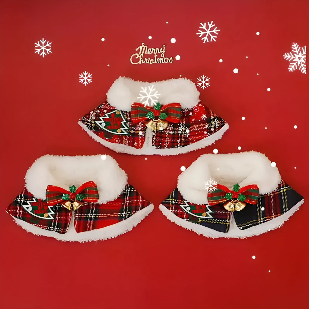 A red festive pet scarf with a bell pattern fastened around a dog's neck with an elastic collar.