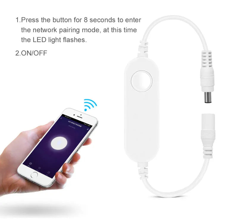 Smart WiFi LED neon strip in blue with smartphone control app interface