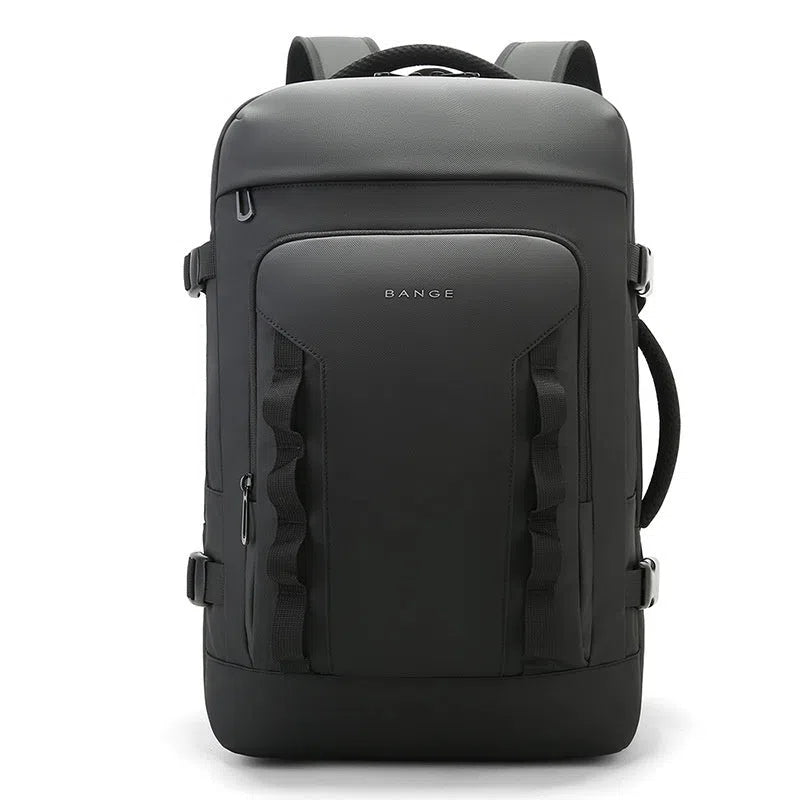 Men's expandable backpack Oxford cloth 20-35L black solid colour curved shoulder straps stitching details