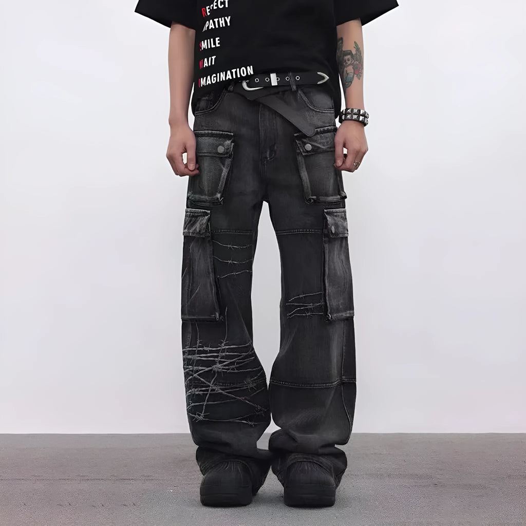 Black men's cotton wide-leg loose-fit trousers with embroidery on a mannequin.