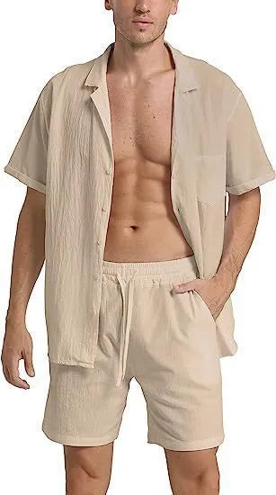 Men's flax fabric sports shorts suit with short-sleeved top and matching shorts