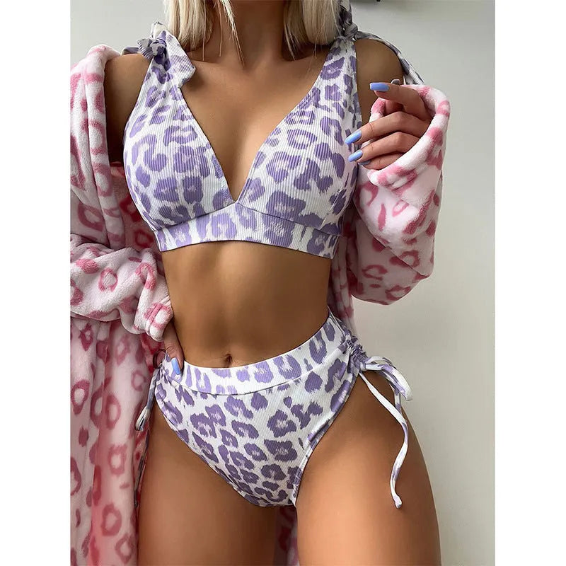 Women's purple leopard print high waist suit with lace-up sleeveless top and matching shorts