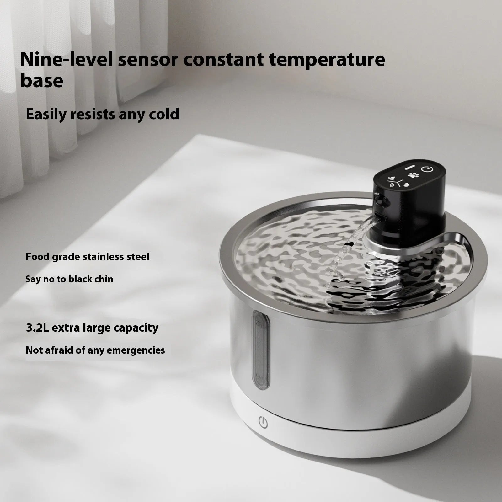 Stainless steel cat water fountain with white constant temperature base