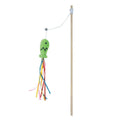 Cat wand toy with wooden handle, catnip fish attachment, colourful ribbons, and bell