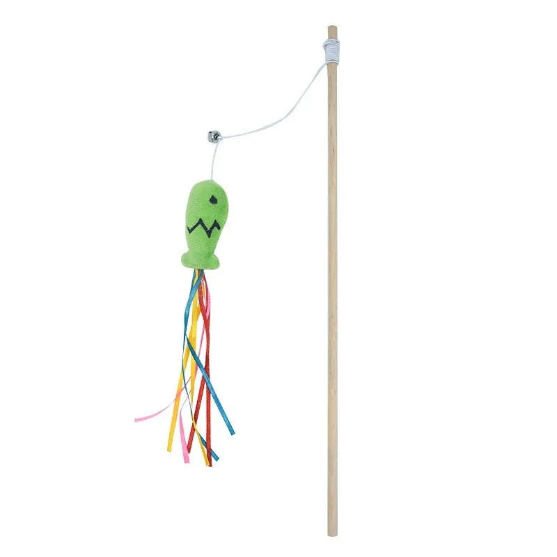 Cat wand toy with wooden handle, catnip fish attachment, colourful ribbons, and bell